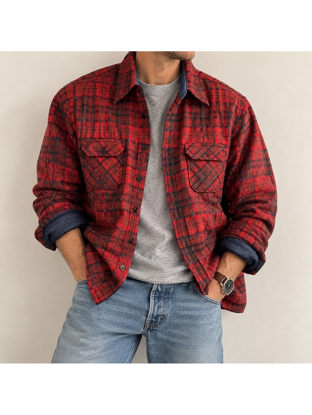 Vintage Red Plaid Quilted Flannel Shirt Jacket Lined Shacket Workwear